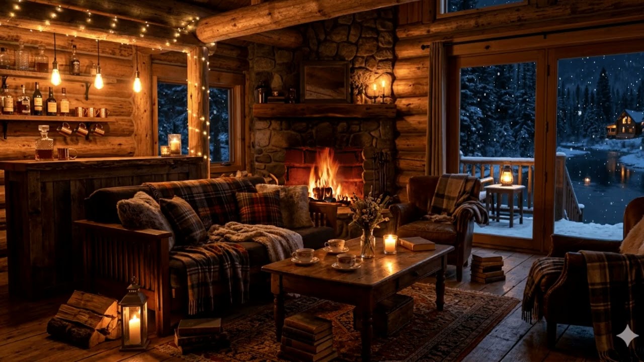 Winter Lakefront Café Ambience | Gentle Jazz Instrumentals & Warm Fire