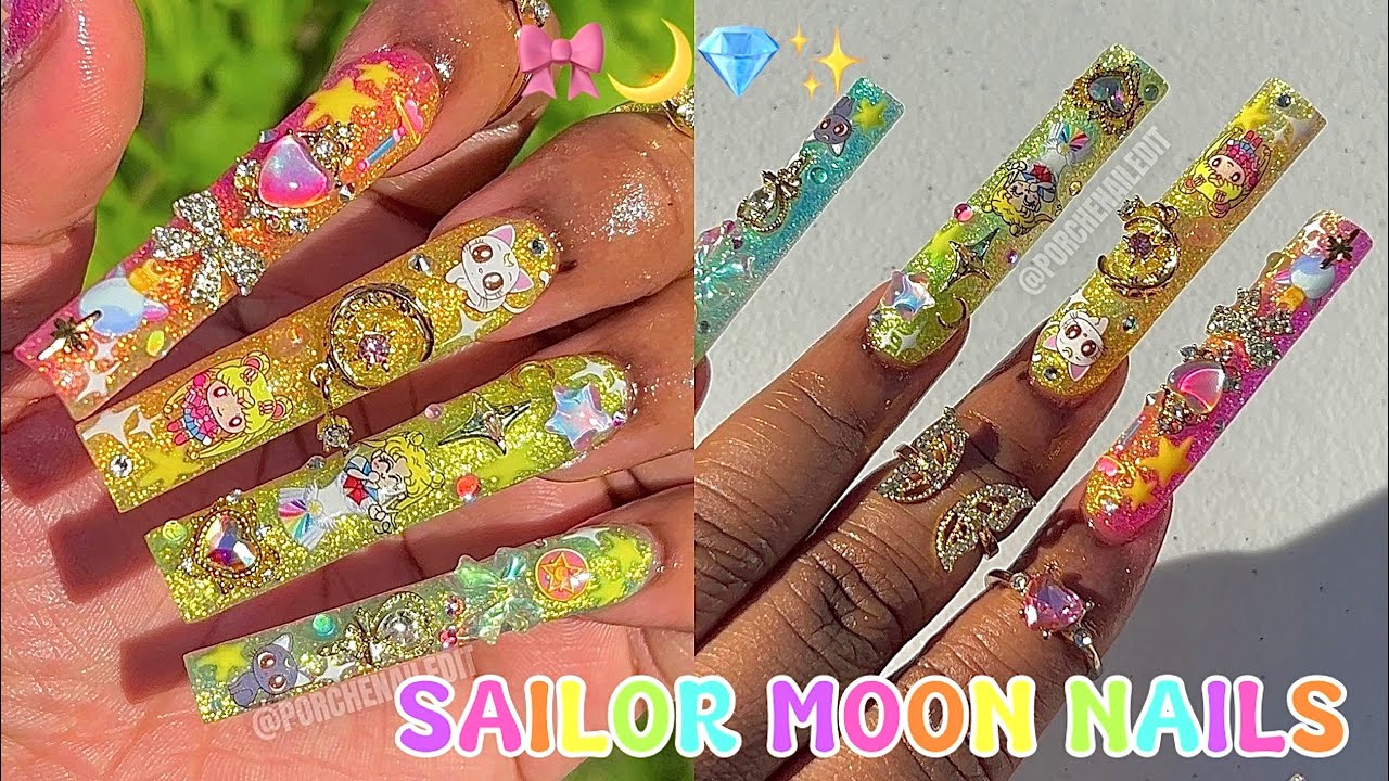 RAINBOW 🌈 SAILOR MOON JUNK NAILS 🎀🌙💎✨🔮🌟 | FULL ACRYLIC NAIL TUTORIAL ✨| I’VE MISSED Y’ALL 😭🫶🏽