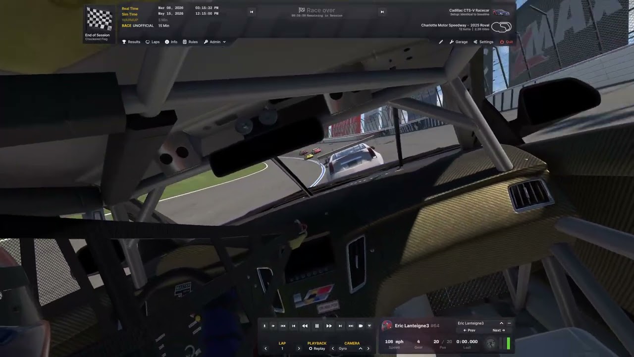 Gyro cam on CTS-V racecar around Charlotte Motor Speedway (Roval) [iRacing] - March 8 2026