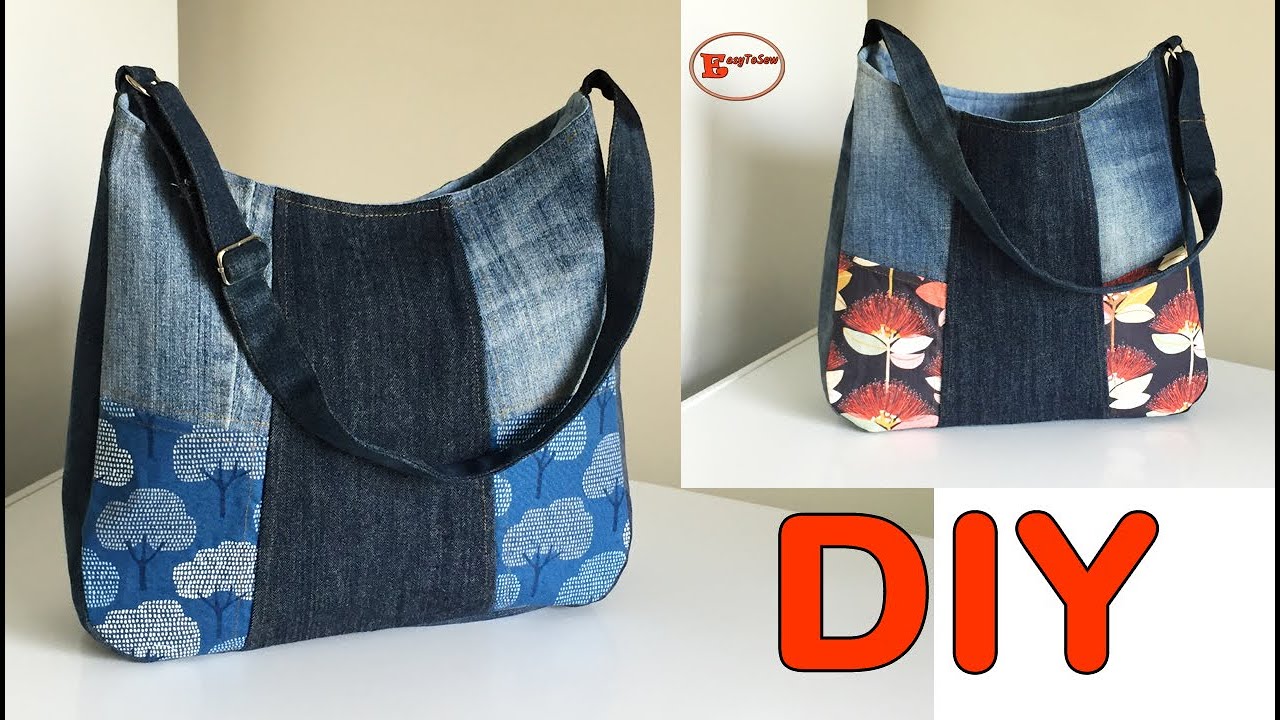 UNIQUE RECYCLED JEANS SHOULDER BAG SEWING TUTORIAL | DENIM BAG WITH POCKET | DENIM PATCHWORK BAG