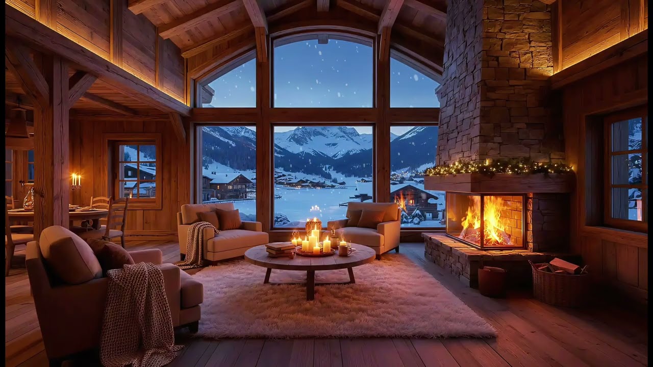 Cozy Alpine Cabin with Snowy Mountain View ❄️🔥 Fireplace Winter Ambience