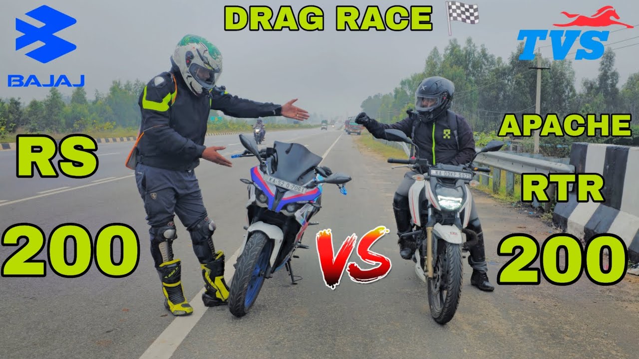 BAJAJ PULSAR RS 200 VS TVS APACHE RTR 200 4V ( DRAG RACE ) 🏁 🔥