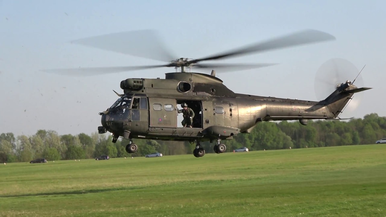 RAF Puma helicopter - start up and take off