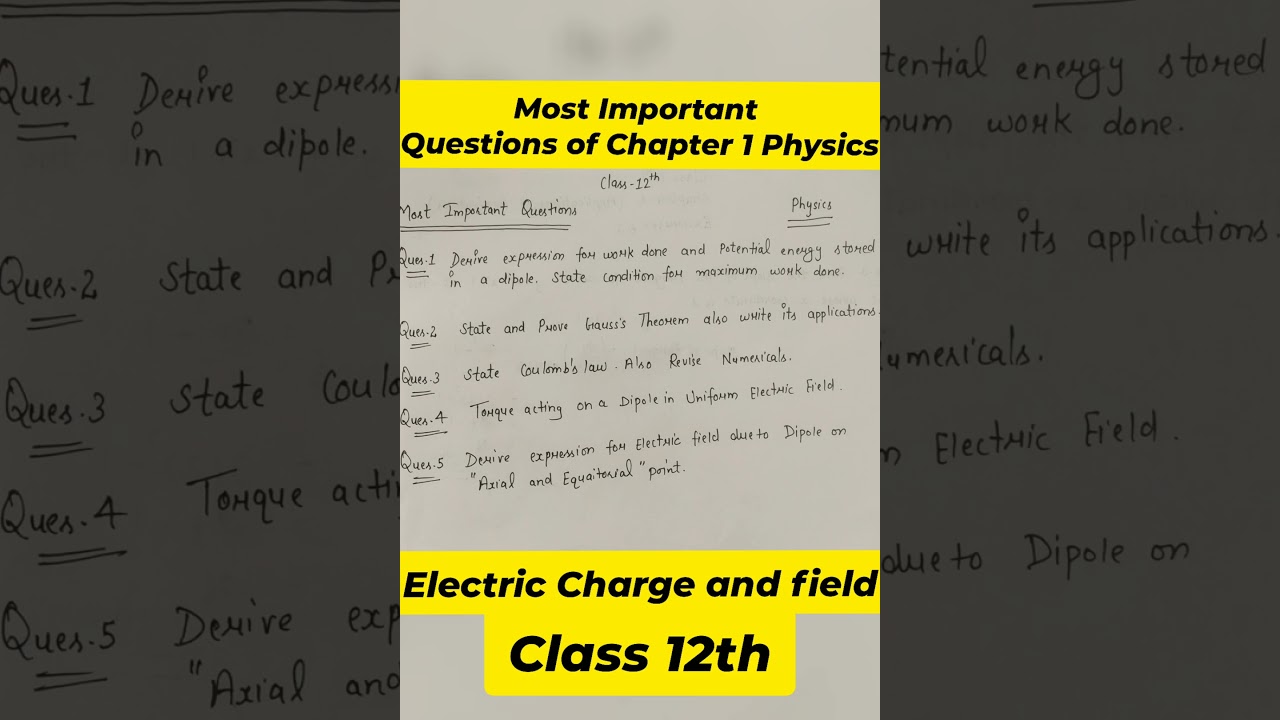 Most Important Questions Chapter 1 Electric Charge and Field //Class 12th Physics//