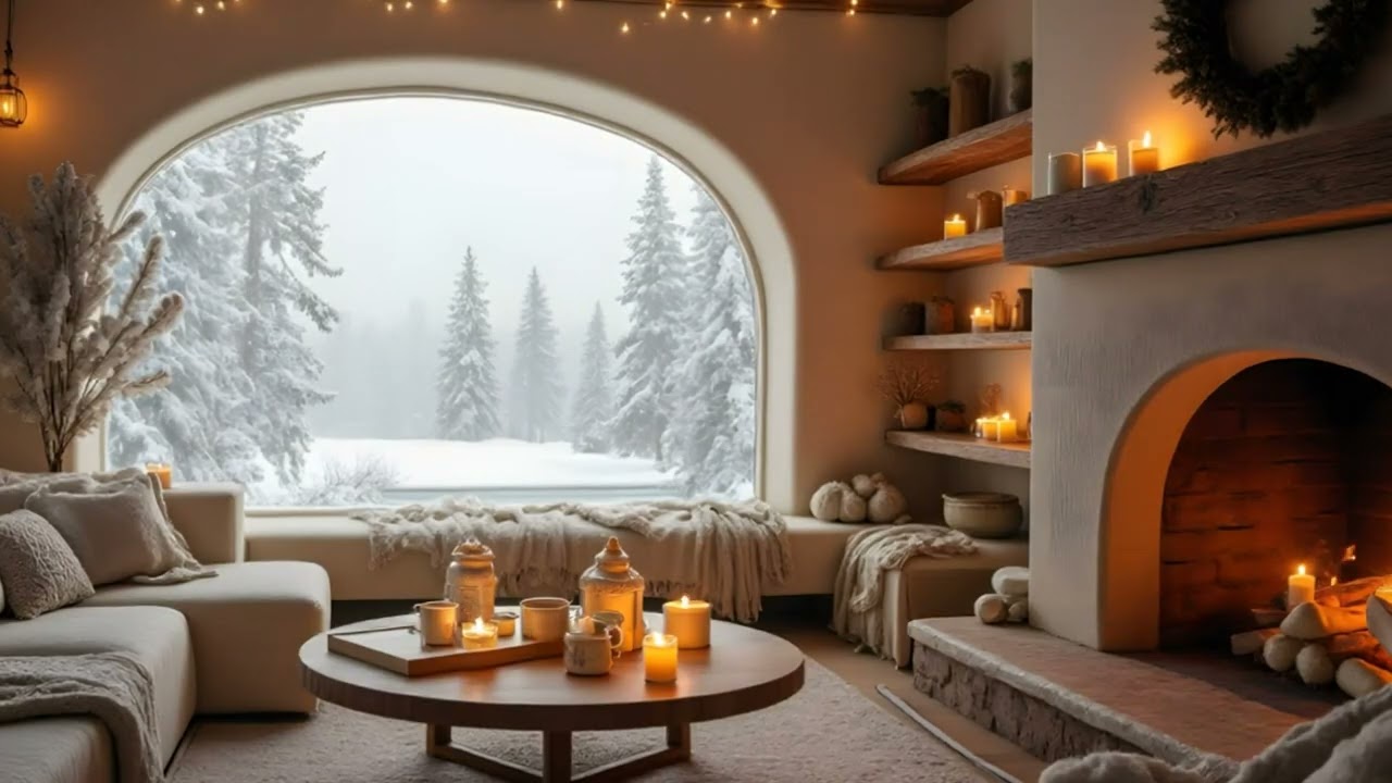 Winter Cabin Fireplace Ambience with Soft Piano Music and Falling Snow for Deep Sleep Study Relax