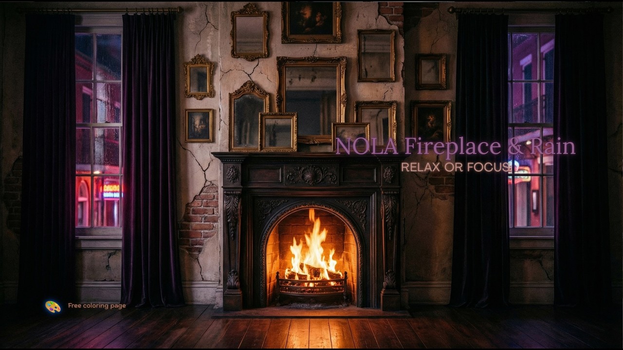 New Orleans Fireplace | Rain, Thunder & NOLA Nighttime Ambience | Relax or Sleep (9 Hours)