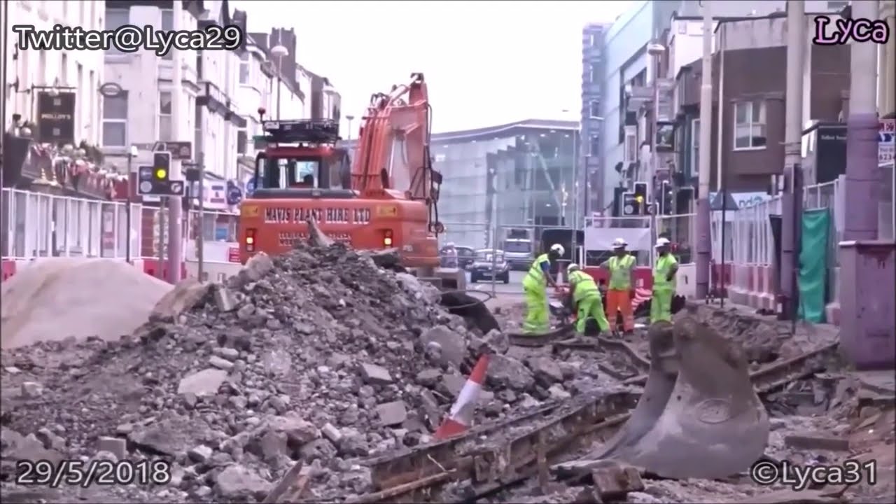 Digging up old tram tracks at Talbot Square Blackpool 2018