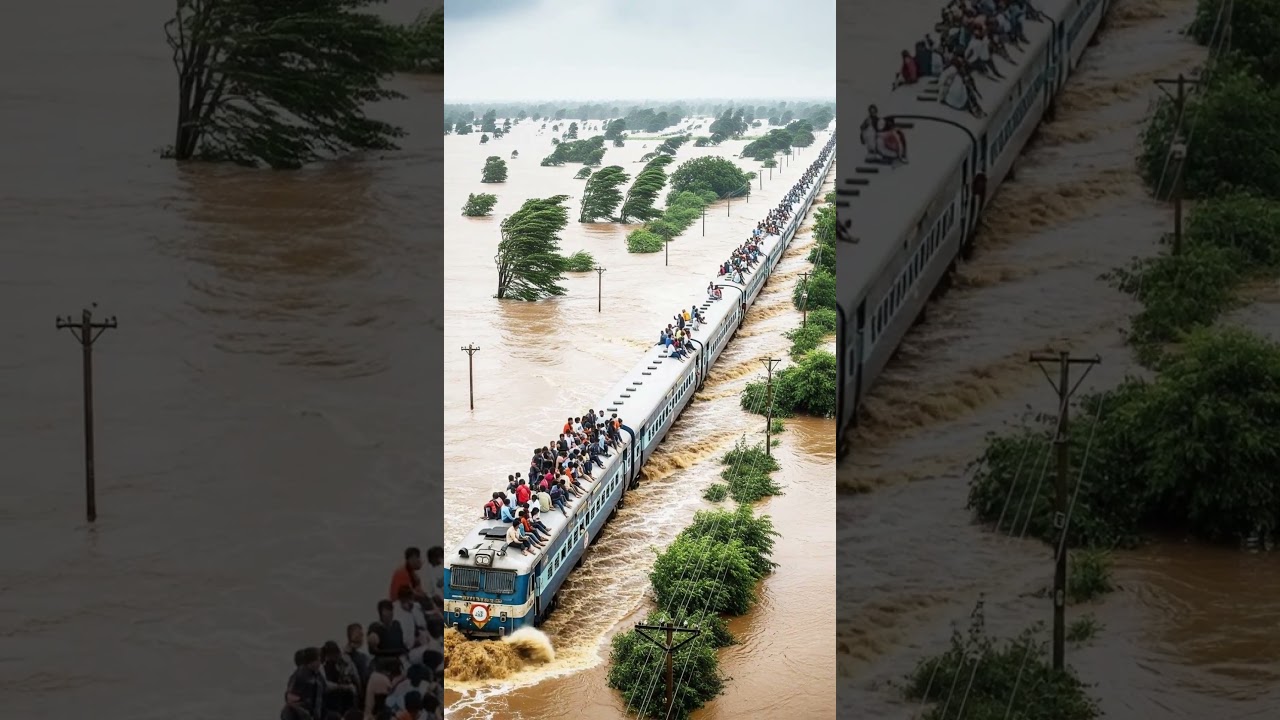 Monsoon Chaos: Indian Train Fights Through Flooded Tracks #FloodDisaster #IndiaFlood #TrainInFlood