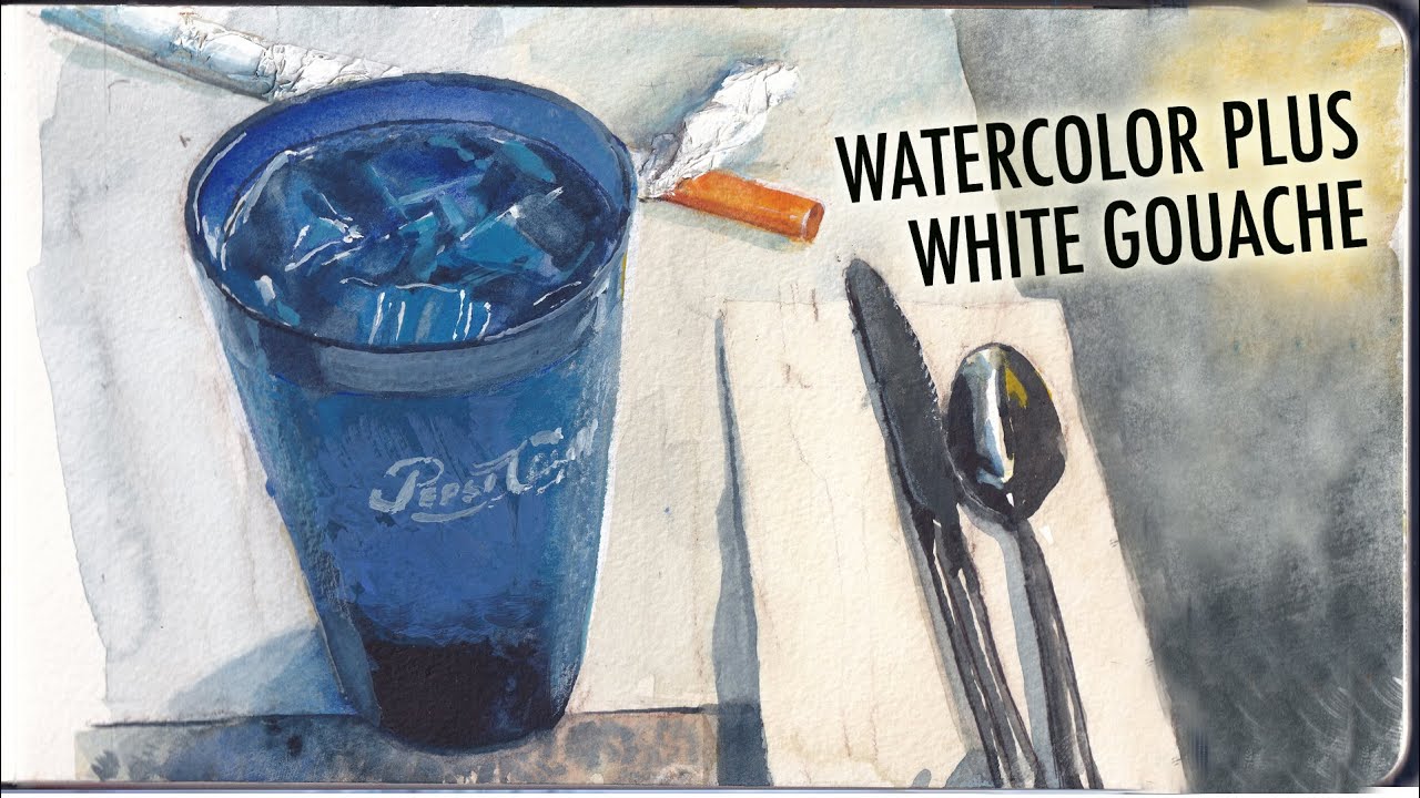 Watercolor Plus White Gouache | Painting a Blue Cup in a Diner