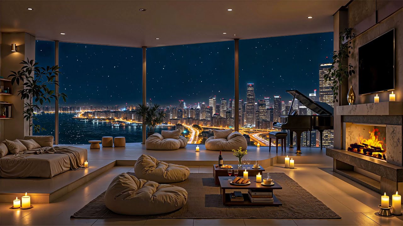 Chicago Night in 4K Luxury Apartment Ambience by the Beach 🌃 Soft Jazz Piano for Calm & Unwind
