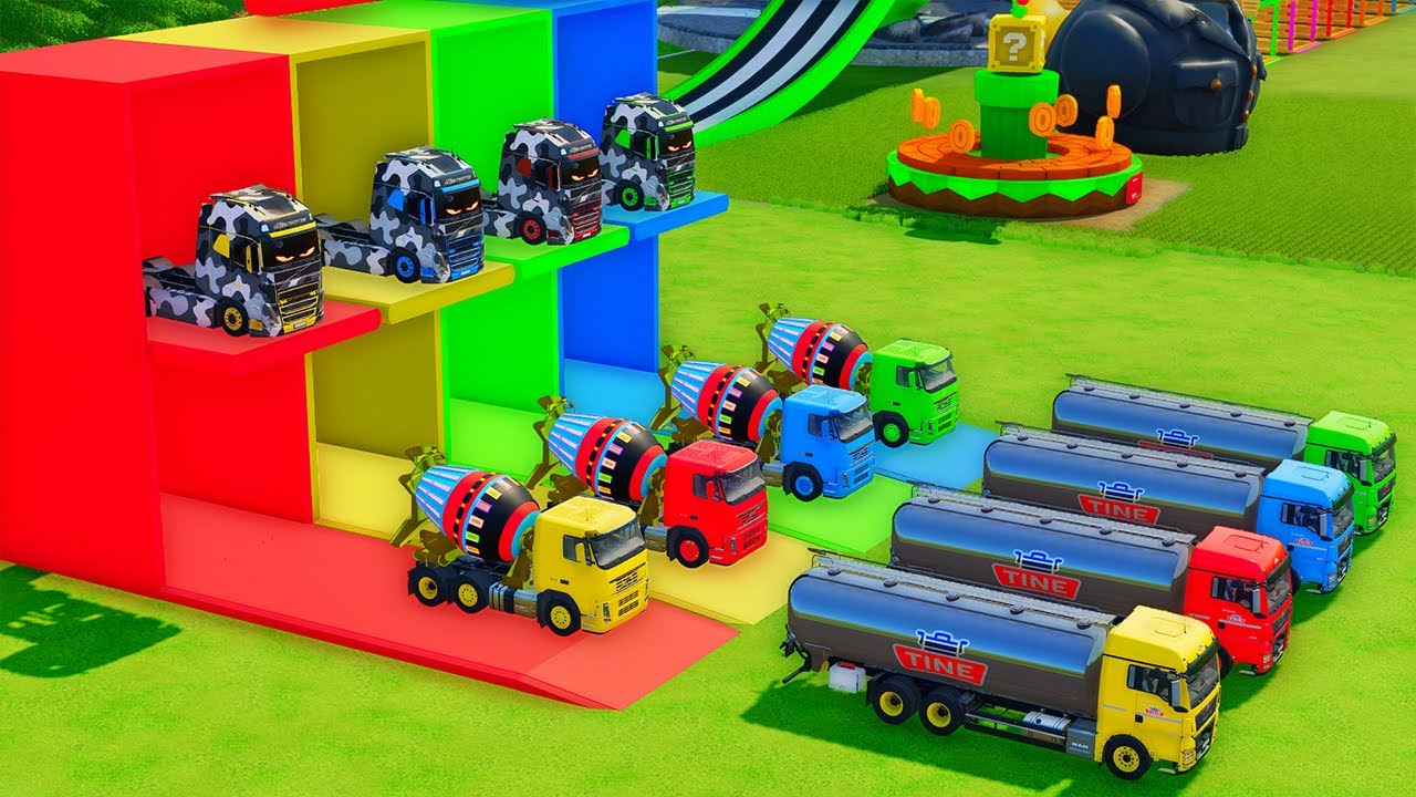Garage with Colors - ALL MIXER TRUCK WITH DOUBLE FLATBED TRAILER TRUCK, SCANIA, IVECO, KOMATSU