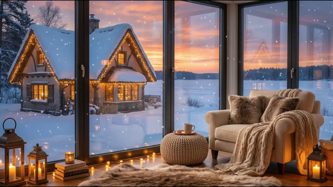 Snowy Cabin at Sunset ❄️🔥 Winter Lake Ambience & Relaxing Fireplace Vibes
