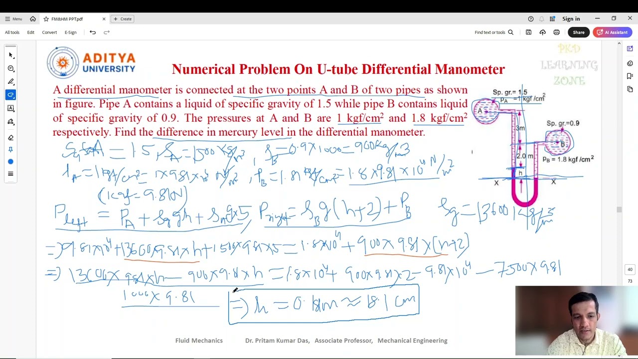 Lecture 23 Problem Solved on #U-Tube #Differential #Manometer
