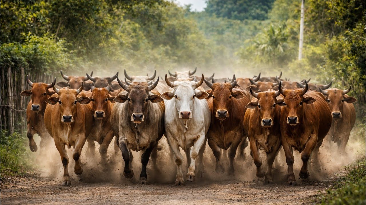The activity of herding dozens of cows that are running happily towards the vast grass fields,🐄 