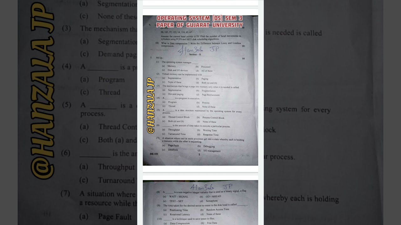 OPERATING SYSTEM(OS) [BCA  SEM 3] Paper of GUJARAT UNIVERSITY || HANZALA JP #shorts #exam #exam2021