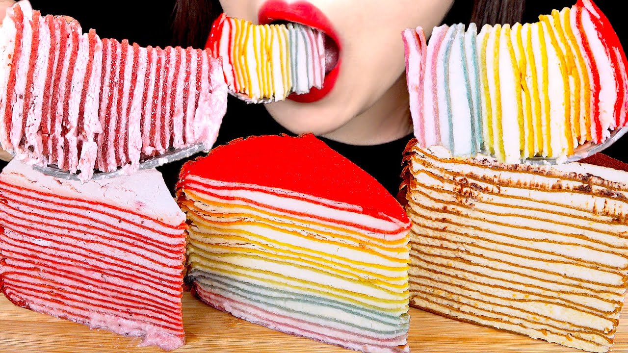 ASMR CREPE CAKES 크레이프케이크 먹방 MUKBANG RAINBOW DESSERTS EATING SOUNDS 咀嚼音 ミルクレープケーキ| ZOEY ASMR
