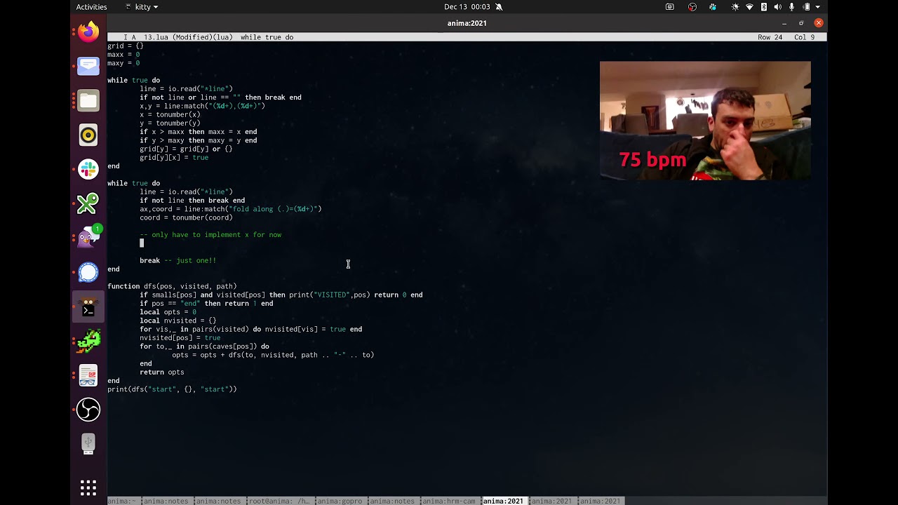 Advent of Code 2021: day 13 in Lua (90/49)
