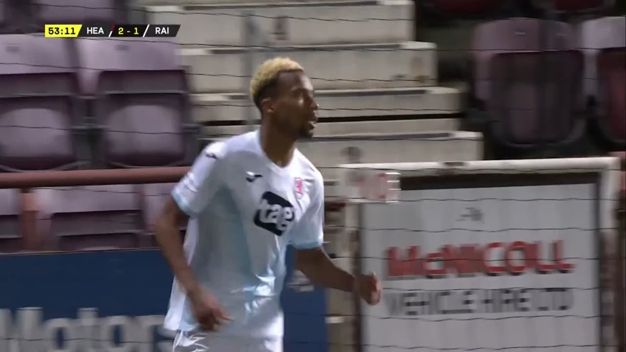 Raith Rovers' Manny Duku scores a powerful strike against Hearts in the Betfred Cup