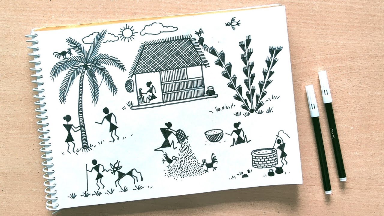 How to draw warli art with sketch pen | tribal art drawing | traditional warli painting easy