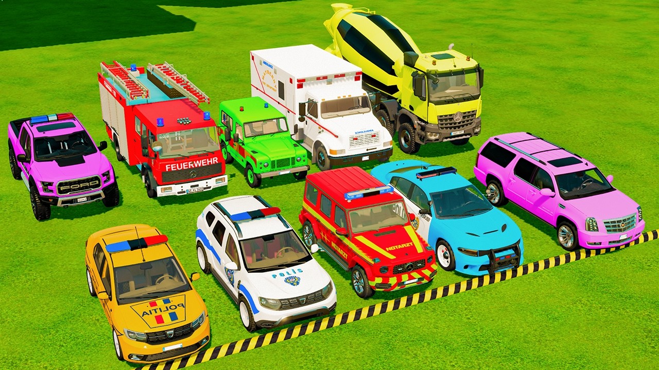 TRAIN TRANSPORTING POLICE, AMBULANCE & FIRE TRUCKS OF COLORS! | FARMING SIMULATOR 22