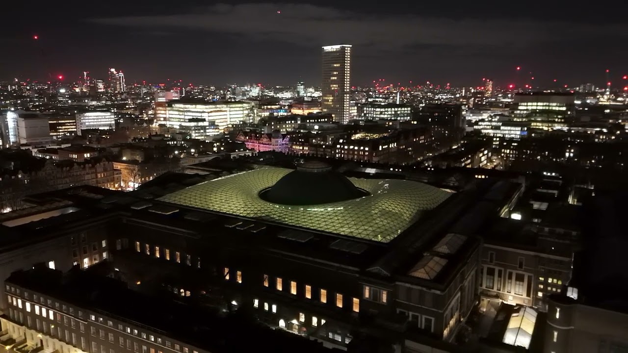 Aerial views of University Of London, British Museum, Kimpton Hotel at night