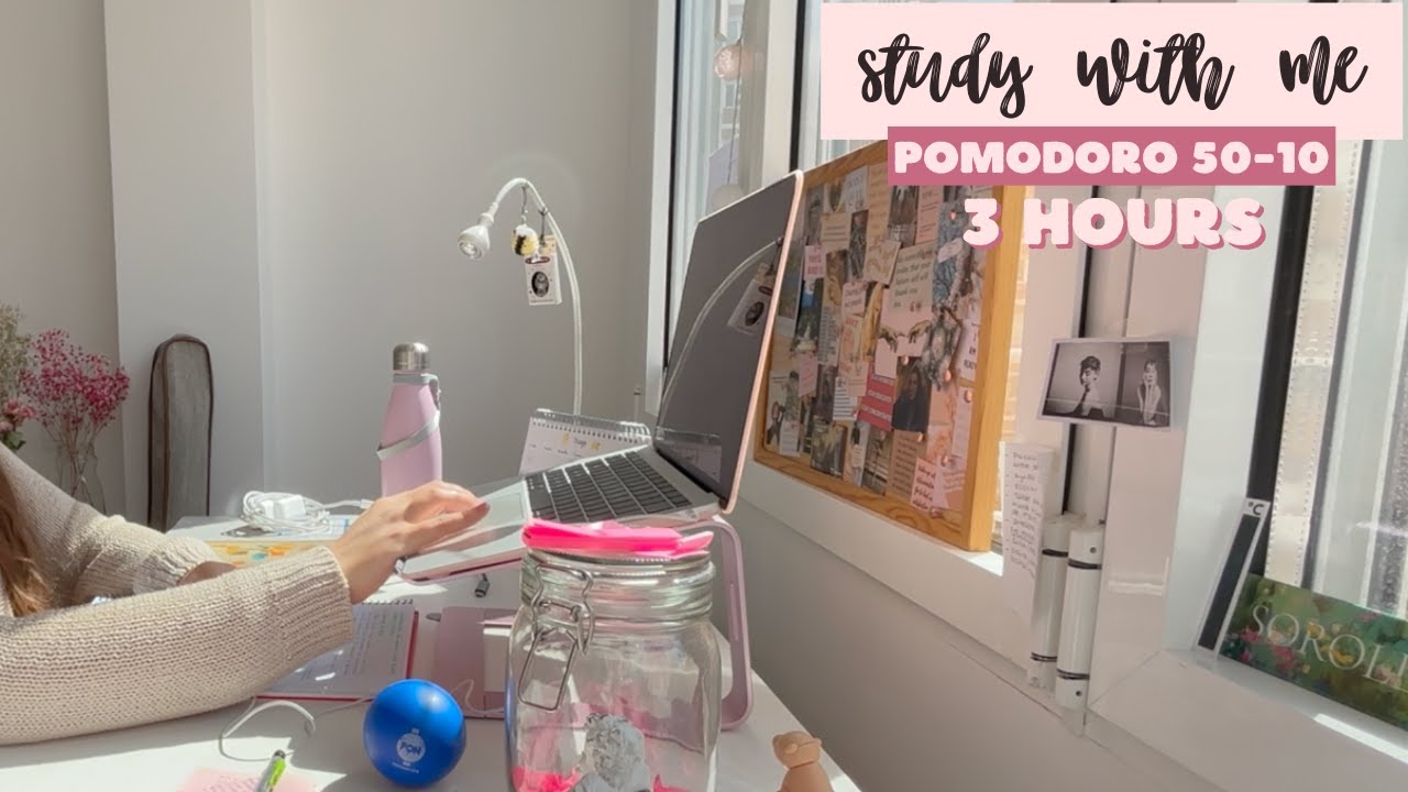 STUDY WITH ME | ASMR studying, pomodoro 50-10 timer, 3 hours, background noise, no music
