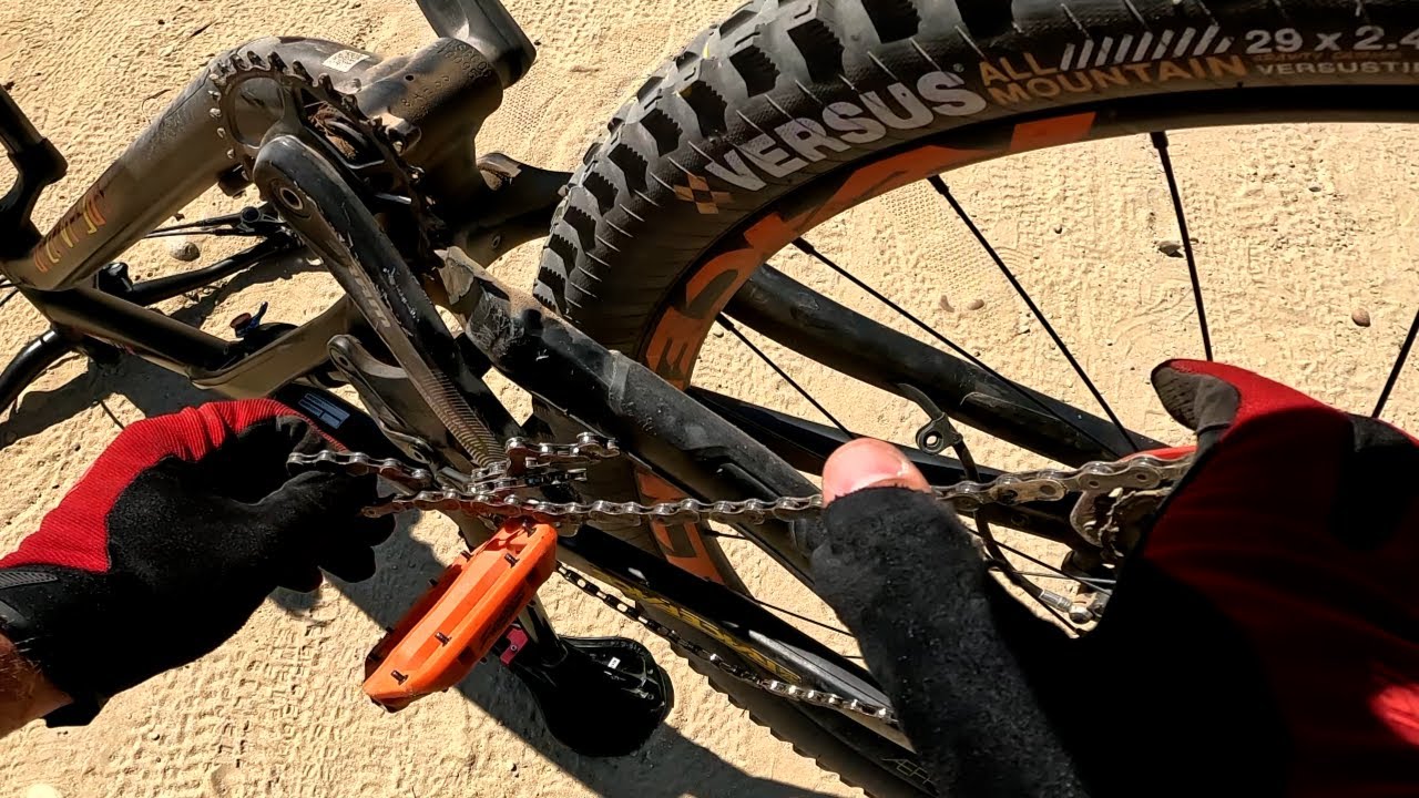 When you're mountain biking and shift from the highest gear to the lowest with a bent derailleur