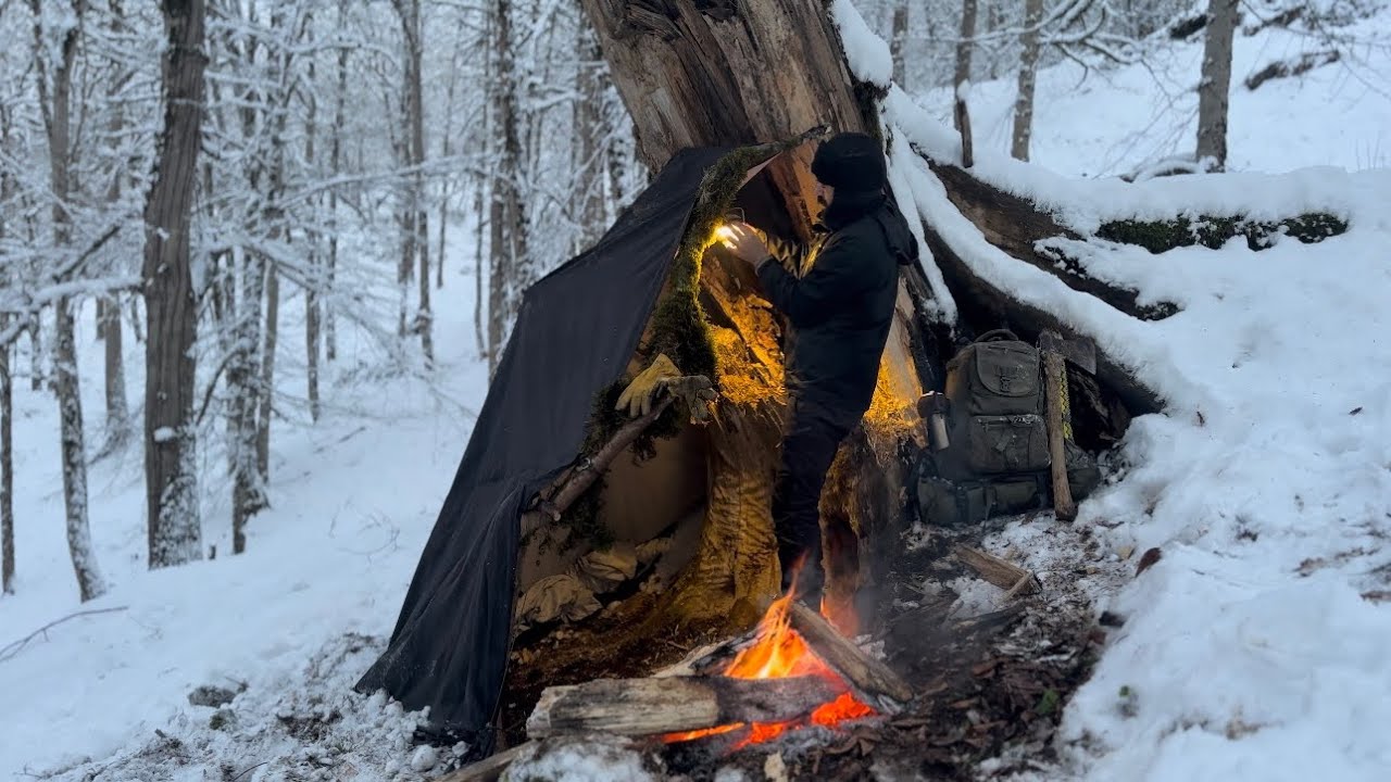 SOLO CAMPING in FREEZING WINTER | Cozy HOT SHELTER in SNOWSTORM | ASMR