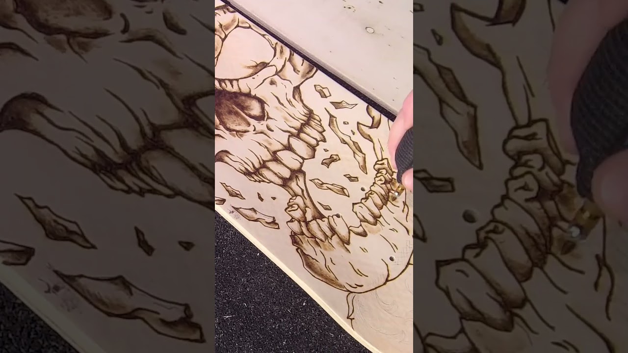 Pyrography Process Video on Skateboard - Skull