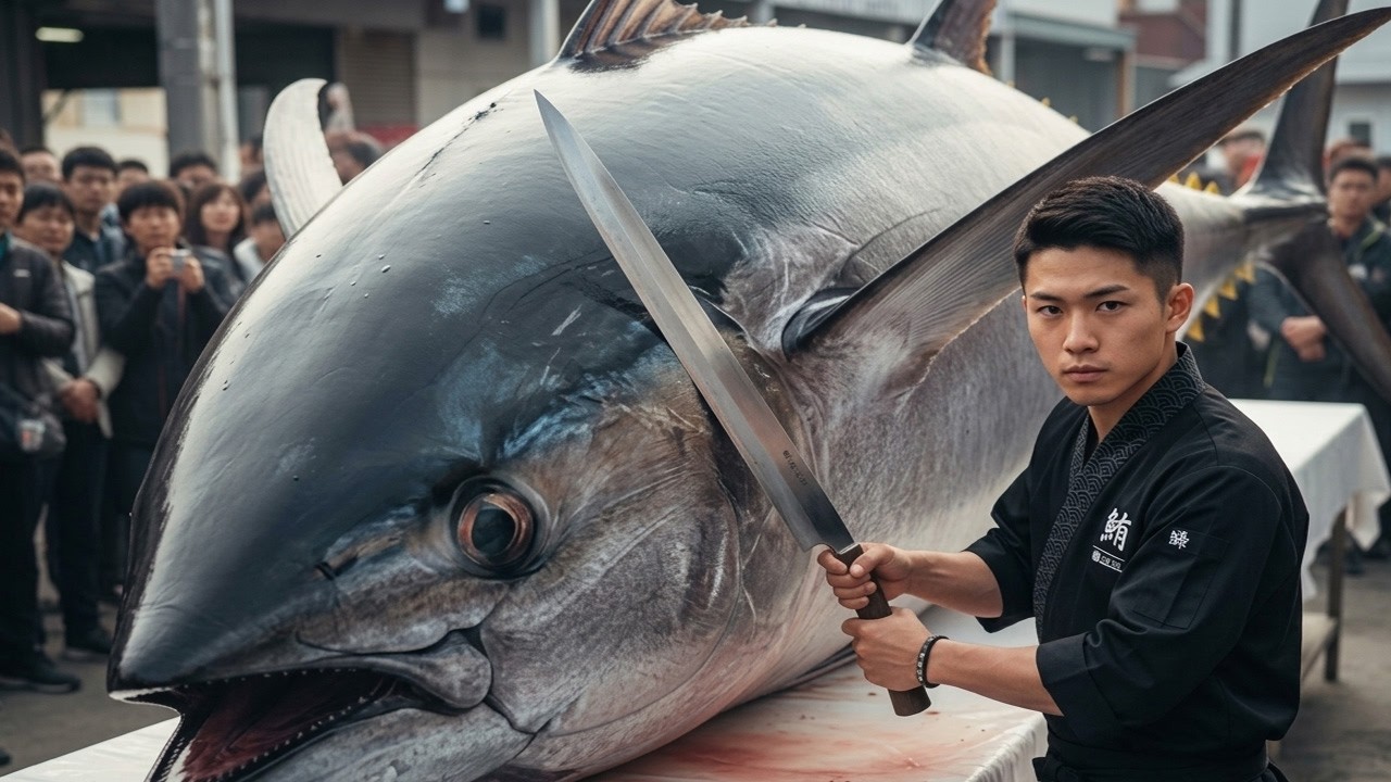 $3000 otoro slicing from giant bluefin tuna | ultimate sushi knife skills