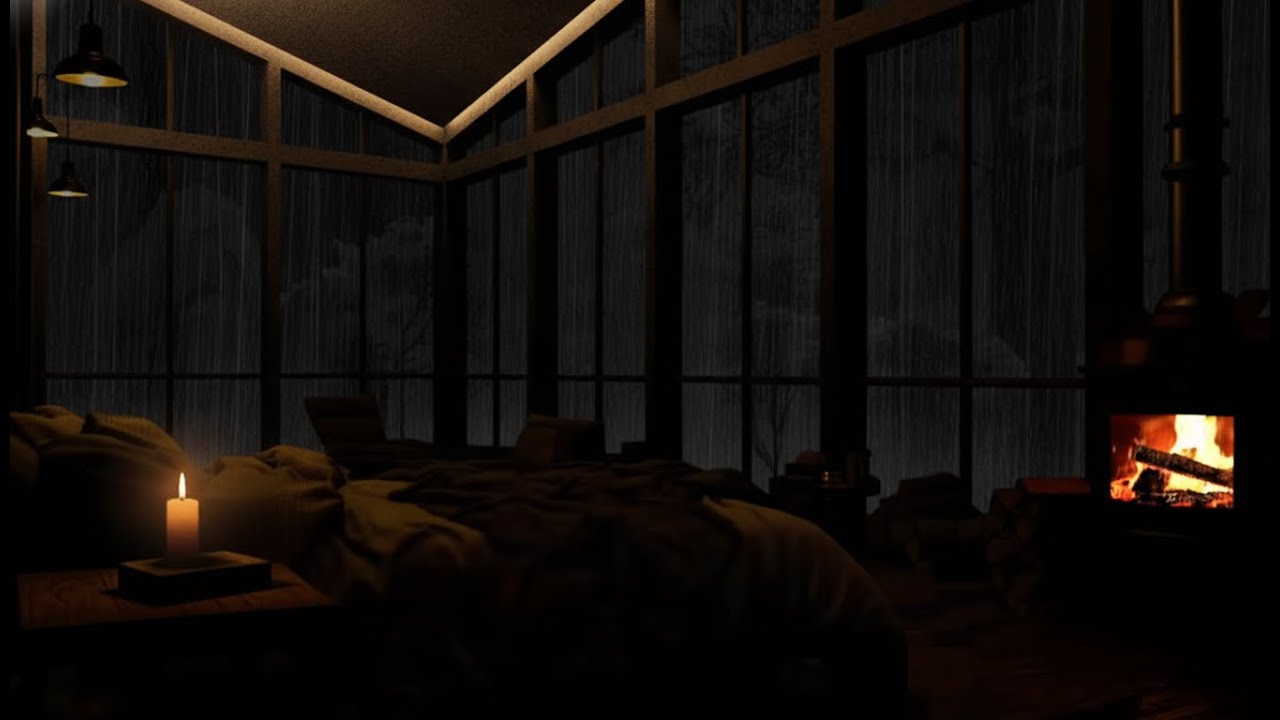 Heavy Rain & Cozy Cabin Fireplace for Restful Sleep 🌧️🔥