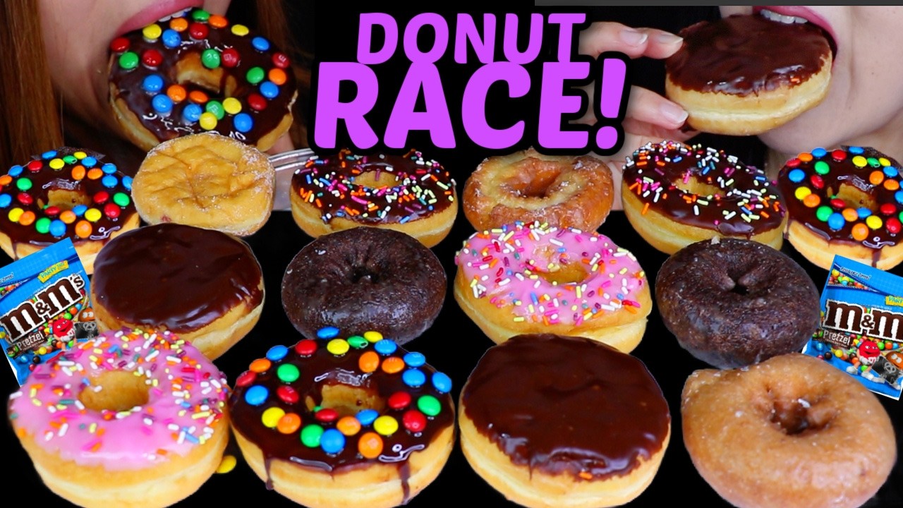 ASMR DONUT RACE! M&Ms, Chocolate Cake, Boston Cream, Jelly *big bites* soft chewy eating sounds 먹방