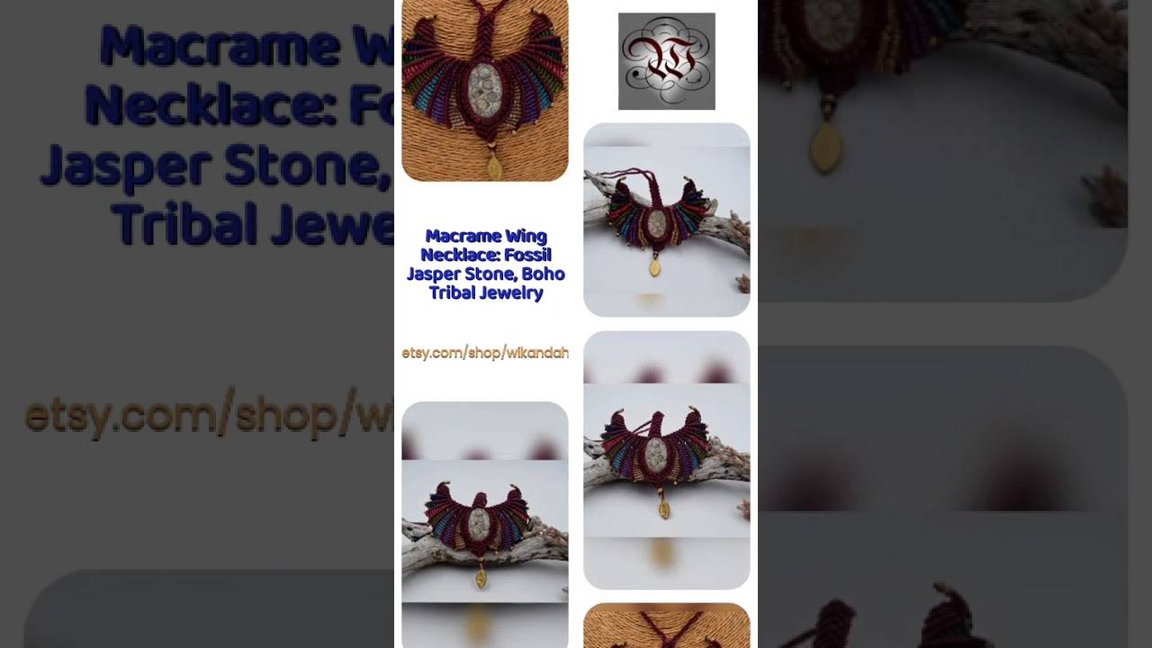 Macrame Wing Necklace: Fossil Jasper Stone, Boho Tribal Jewelry