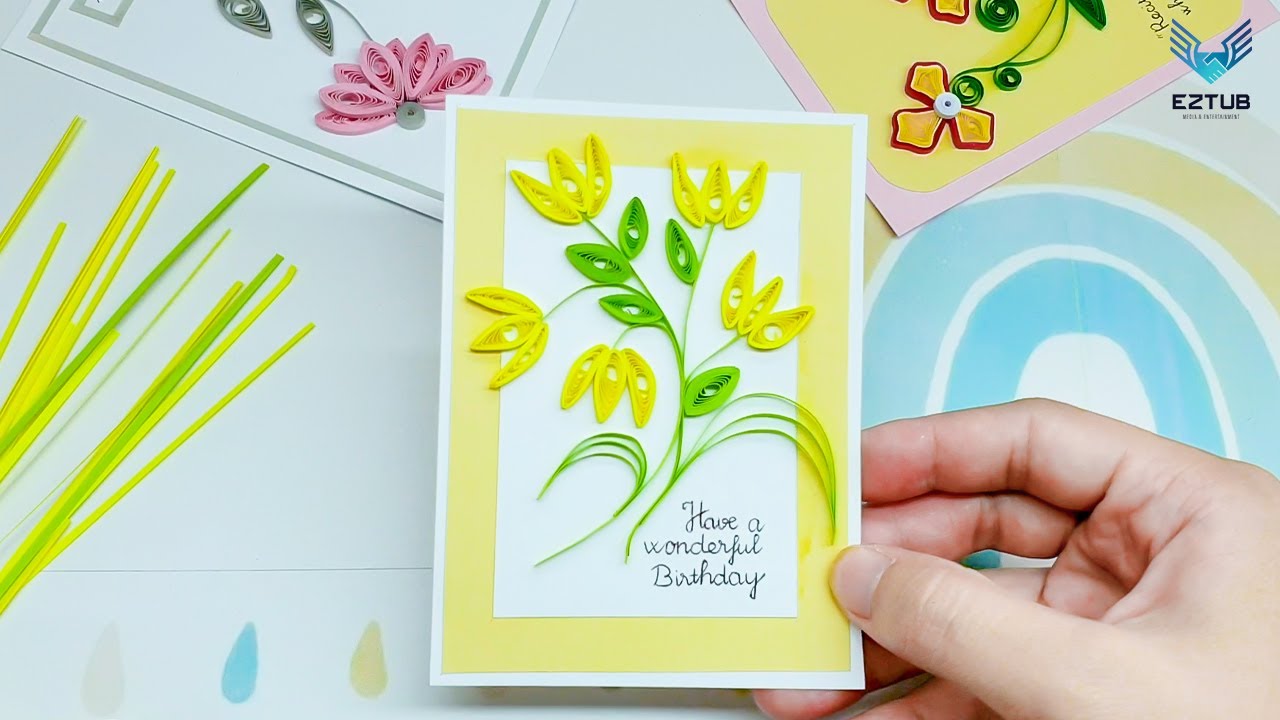 AWLN31 Beautiful Quilling Yellow Birthday Flower Card DIY Handmade Tutorial / Ann Walker Linda