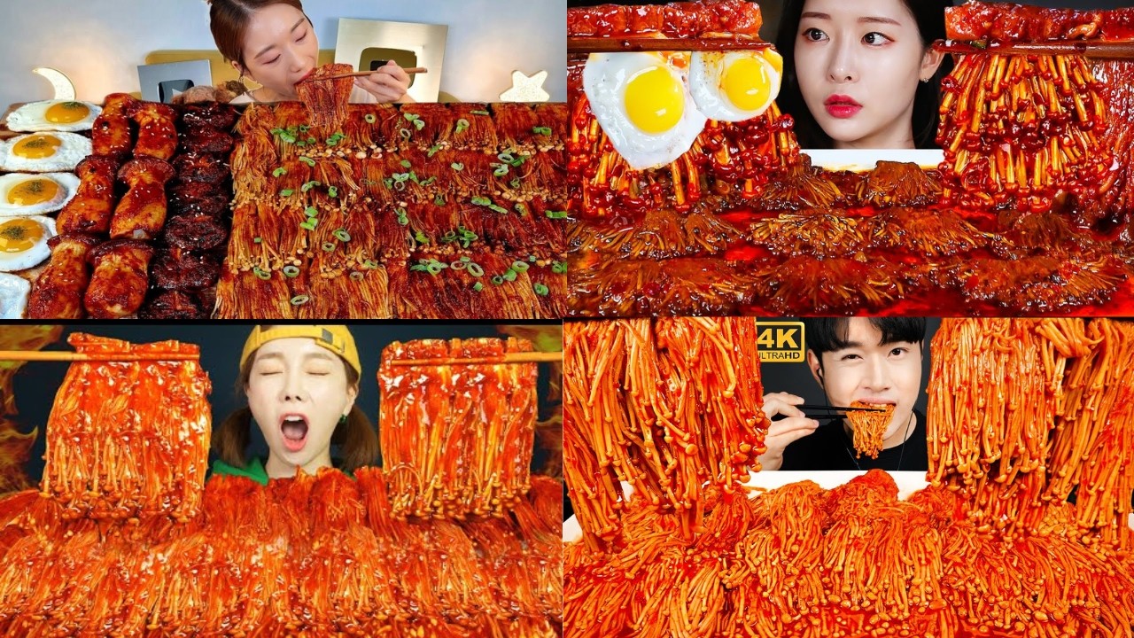 ASMR Spicy Enoki Mushrooms Mukbang | Fire Sauce Mushrooms with Fried Eggs | No Talking Eating Sounds
