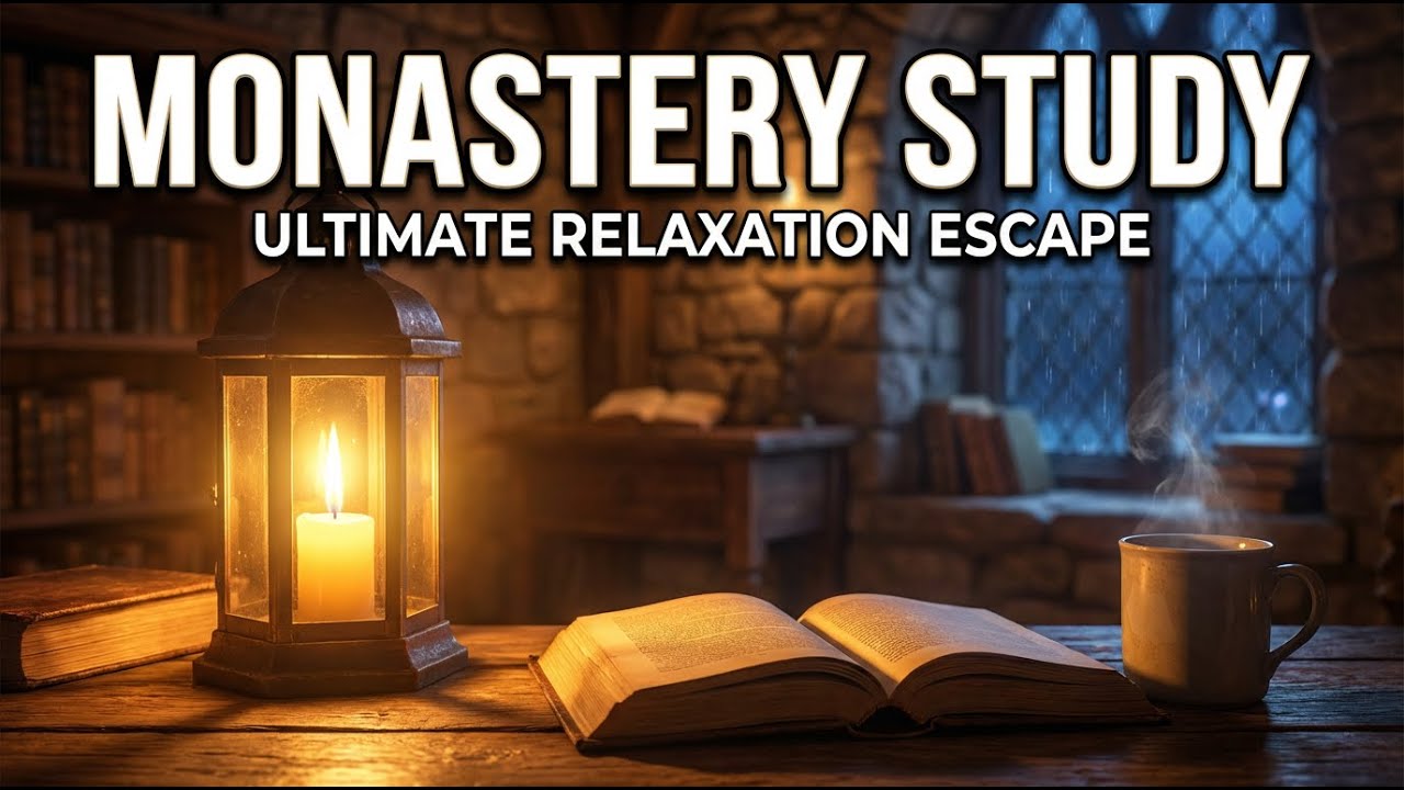 Rainy Night in a Candlelit Monastery Study, Relaxing Ambience