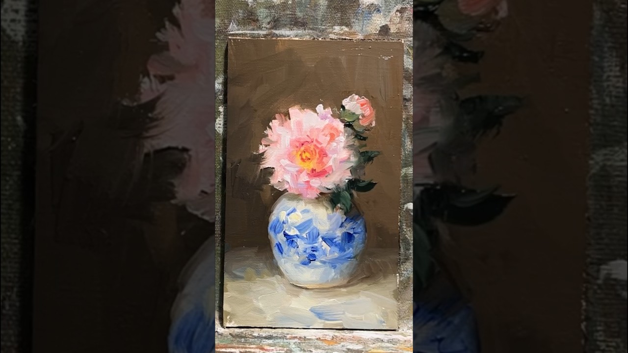 Pink peonies in antique blue and white porcelain ginger jar