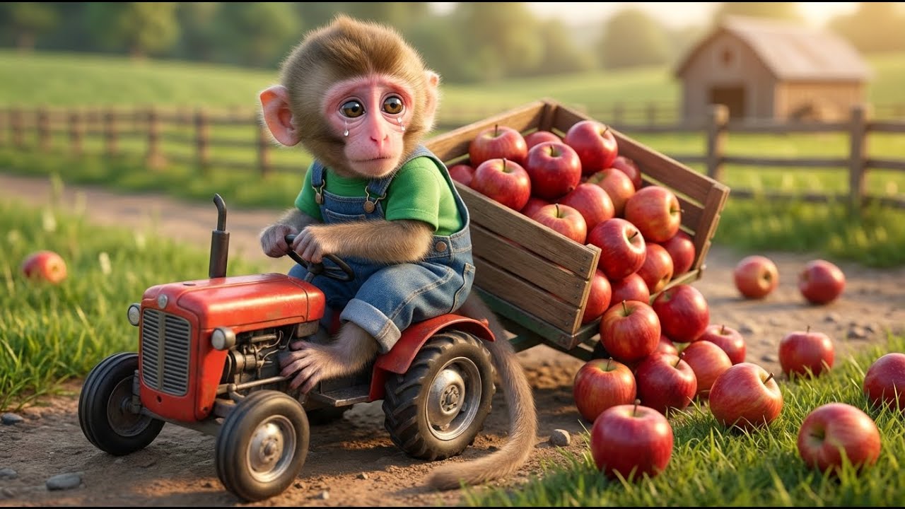 Baby Monkey’s Apple Disaster! Tiny Tractor Loses Balance on the Farm 🍎🐒🚜