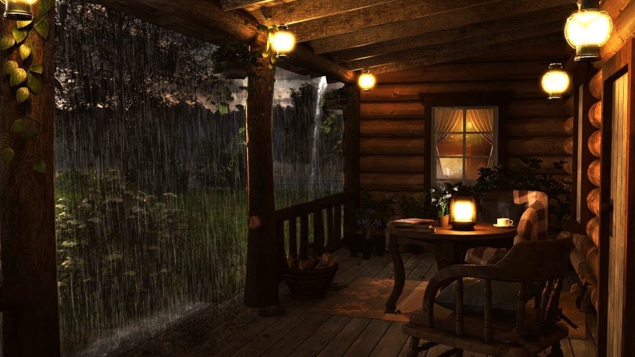 Alpendre aconchegante com chuva forte - sons relaxante de chuva para dormir, estudar e relaxar 8 hrs