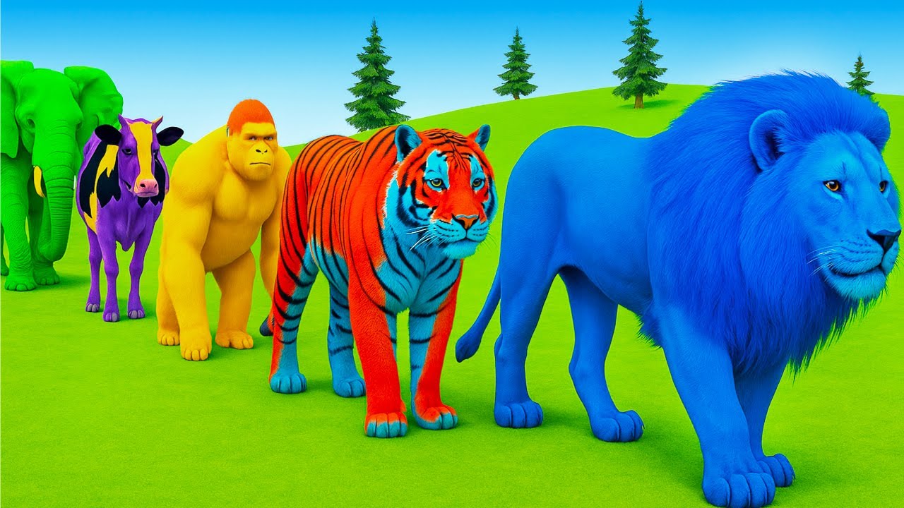 Long Slide Game With Elephant Gorilla Buffalo Hippopotamus Tiger - 3d Animal Game - Funny 3d Animals