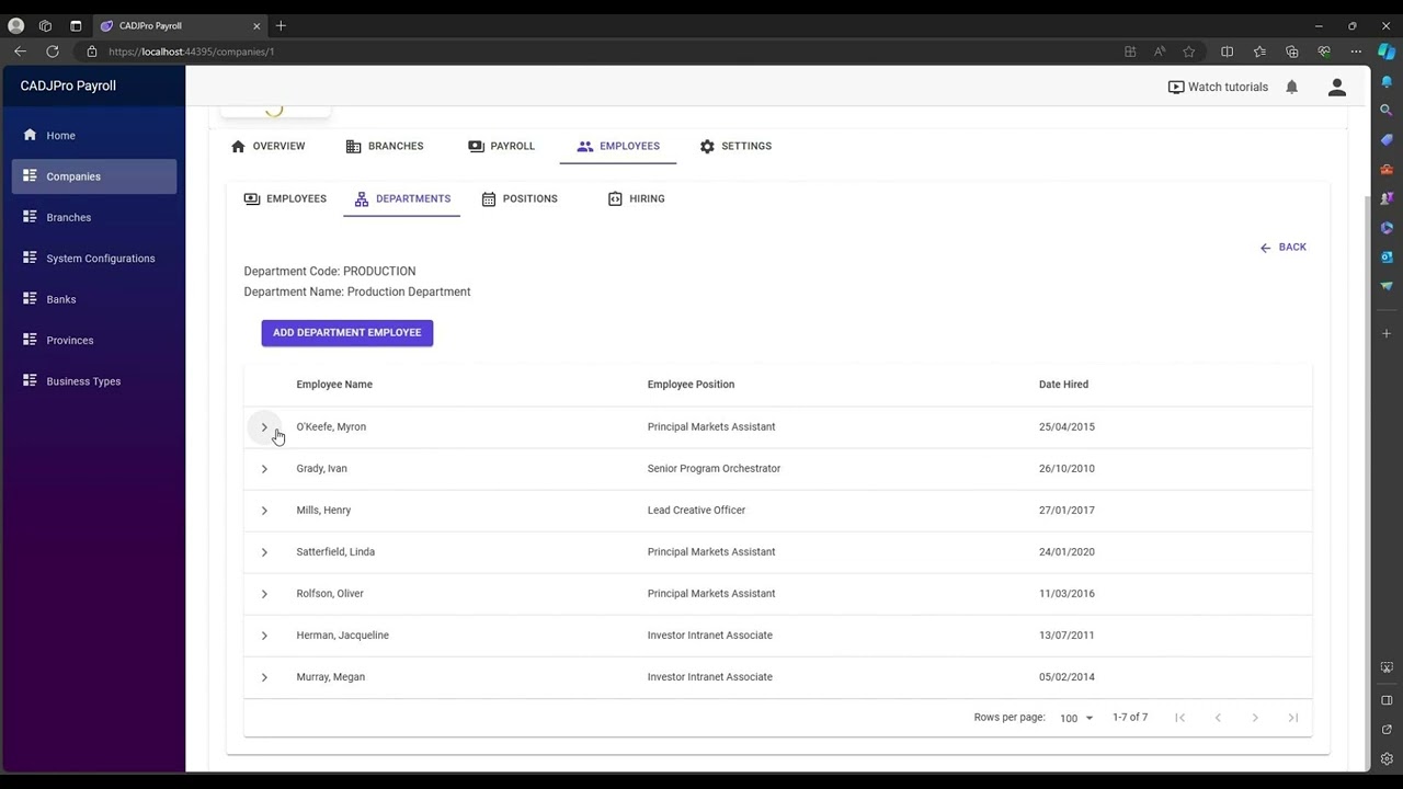 View Department Employee Details | CADJPRO Payroll App