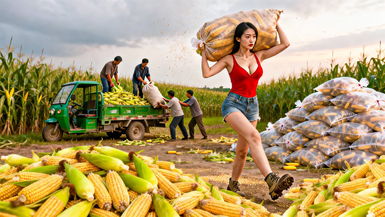 Buy Many Glutinous Corn From Farmers' Lush Green Cornfields, Use Truck Transport Go to Market Sell