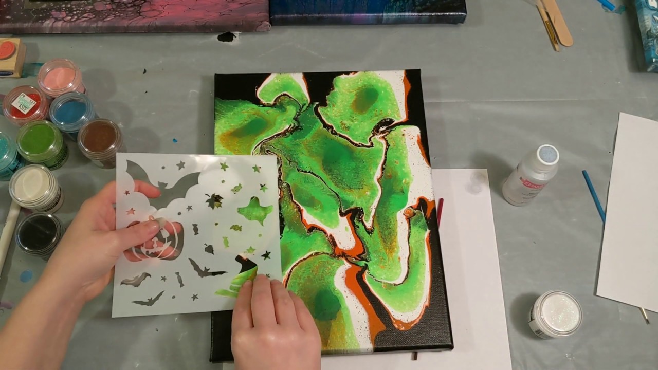 Embellishing an Acrylic Pour Painting with Embossing Powder and Stencils