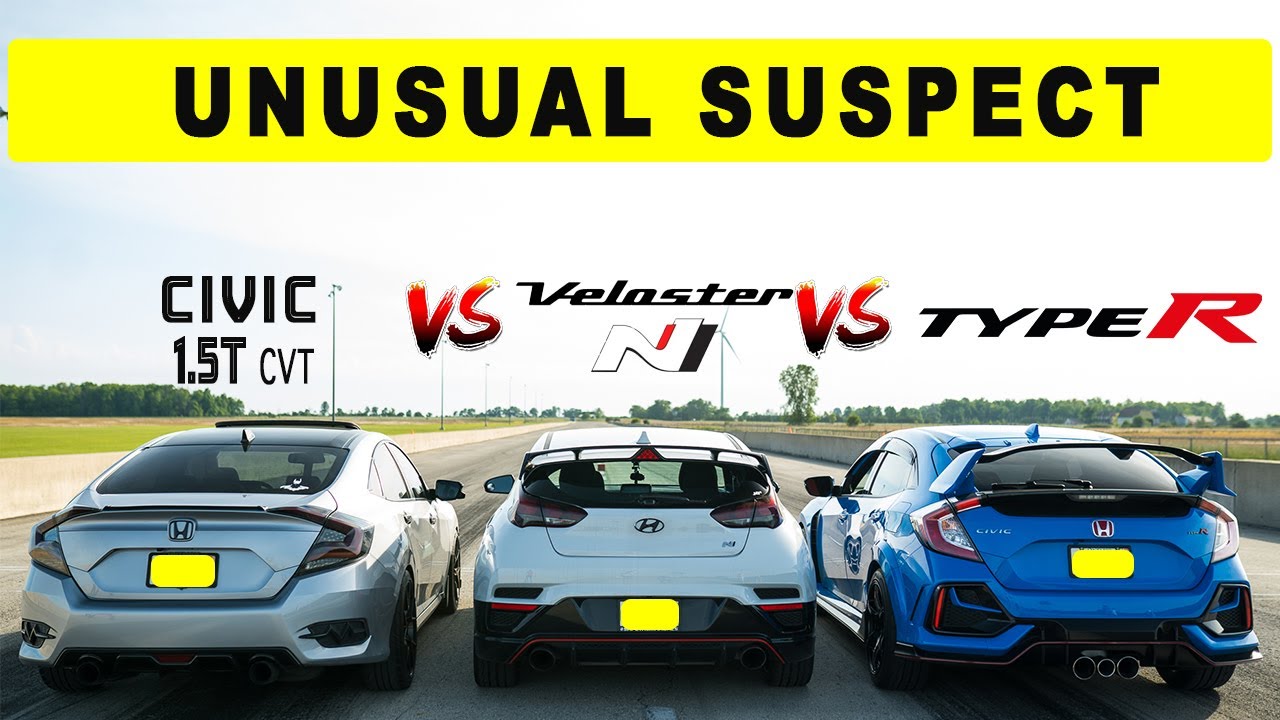 Honda Civic Type R races Civic 1.5t and Hyundai Veloster N but with a twist.  Drag and Roll Race.