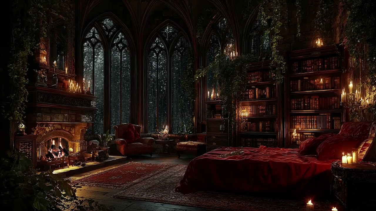 Gothic Castle Bedroom Ambience 🌧️ Rain Sounds with Fireplace Crackling Fire for Sleep & Relaxation