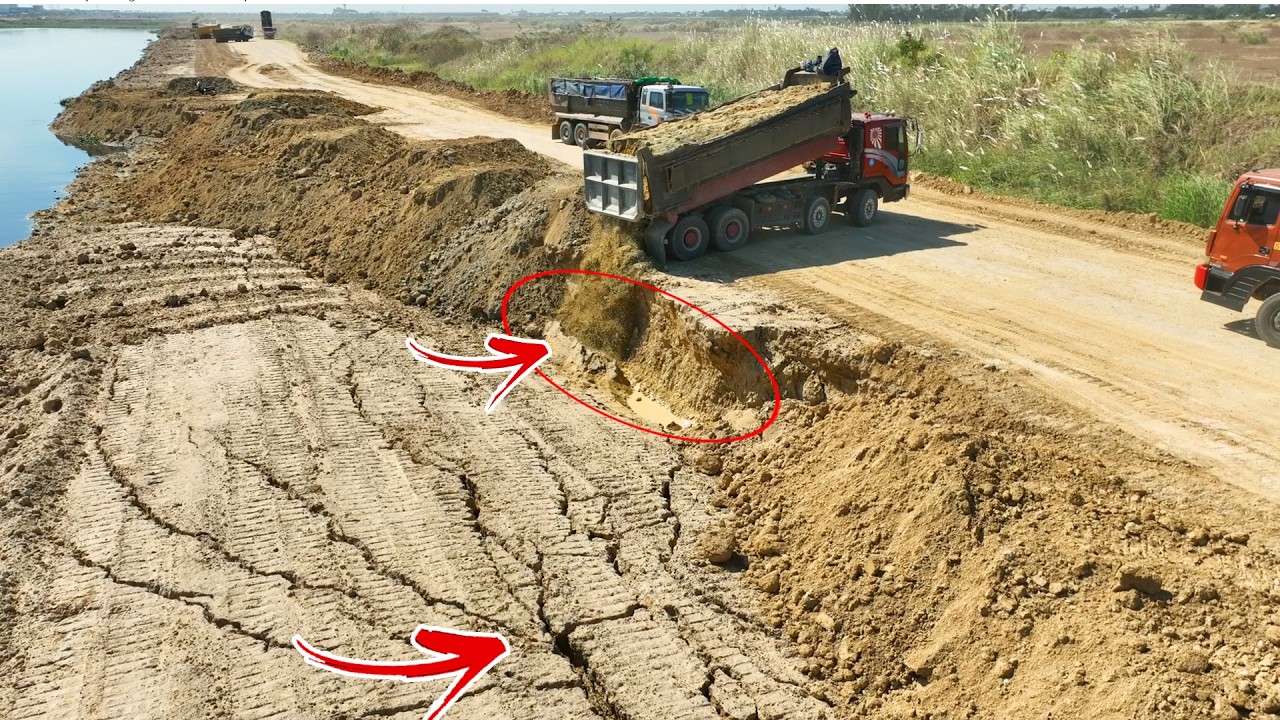 Wonderful!!New road collapse repaired by bulldozer Komatsu D53 & Dump Truck 25 5tPushing Soil