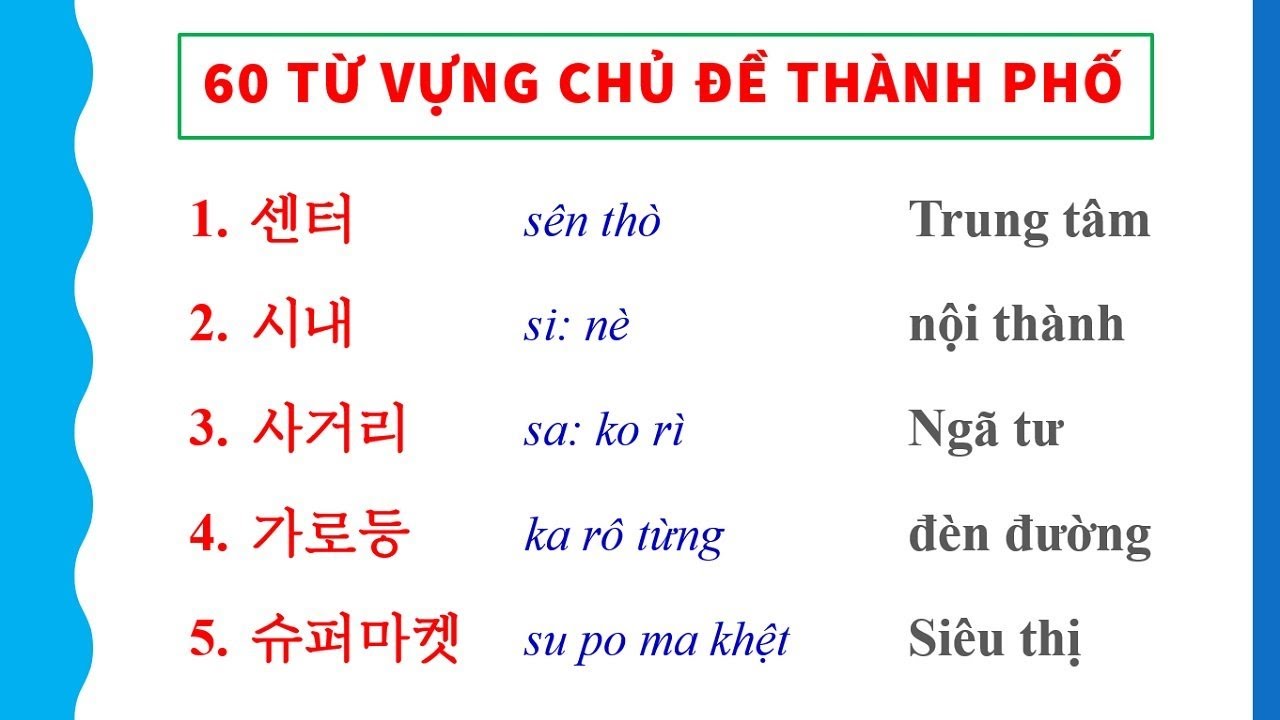 60 Từ vựng tiếng Hàn chủ đề THÀNH PHỐ, ai học cũng phải biết.