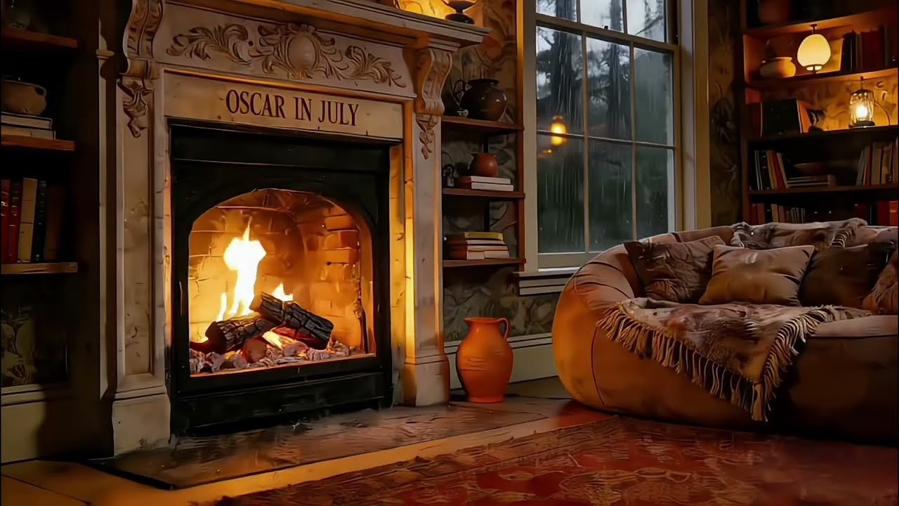 Rainy Night Fireplace Ambience — Soft Rain Sounds, White Noise for Sleep & Calm (10H)