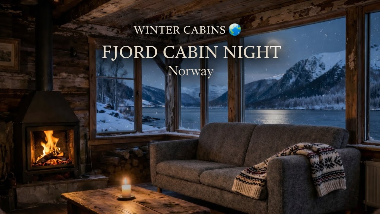 Norwegian Fjord Cabin Night ❄️ Cozy Nordic Winter | Soft Piano & Violin, No Interruptions (1H)