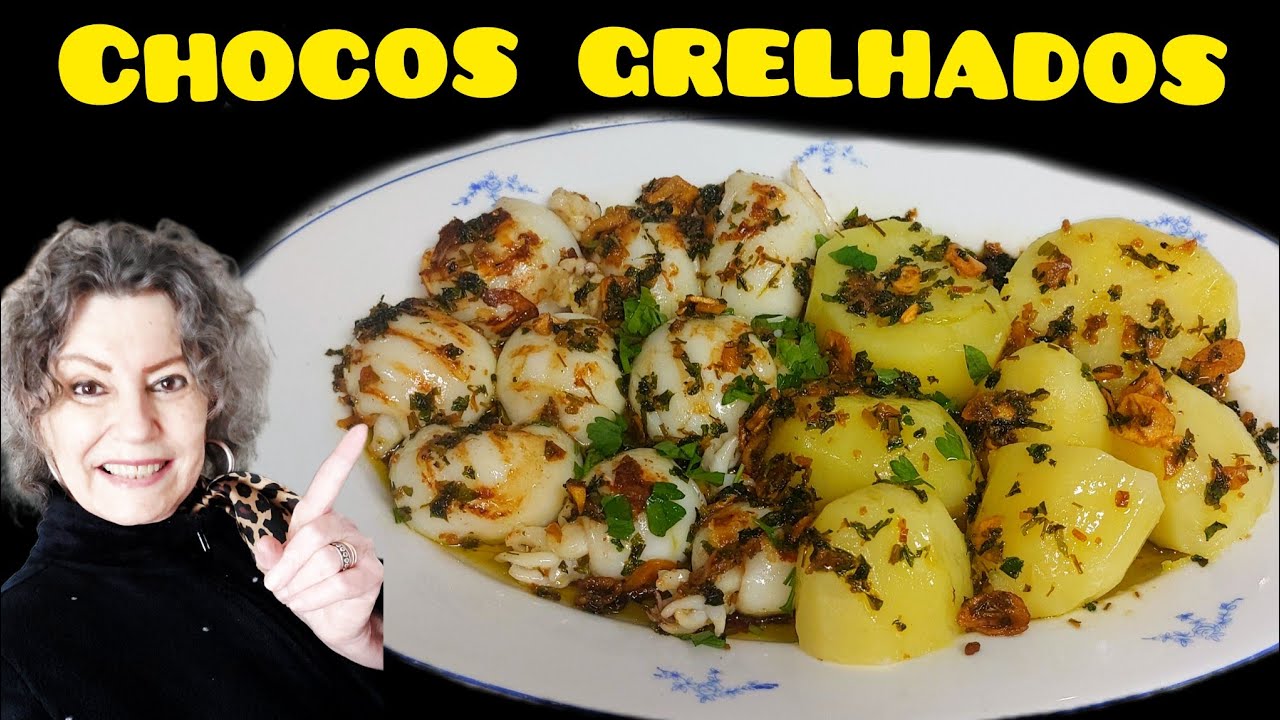 CHOCOS GRELHADOS, COM MOLHO VERDE E BATATAS COZIDAS.  Fácil e delicioso